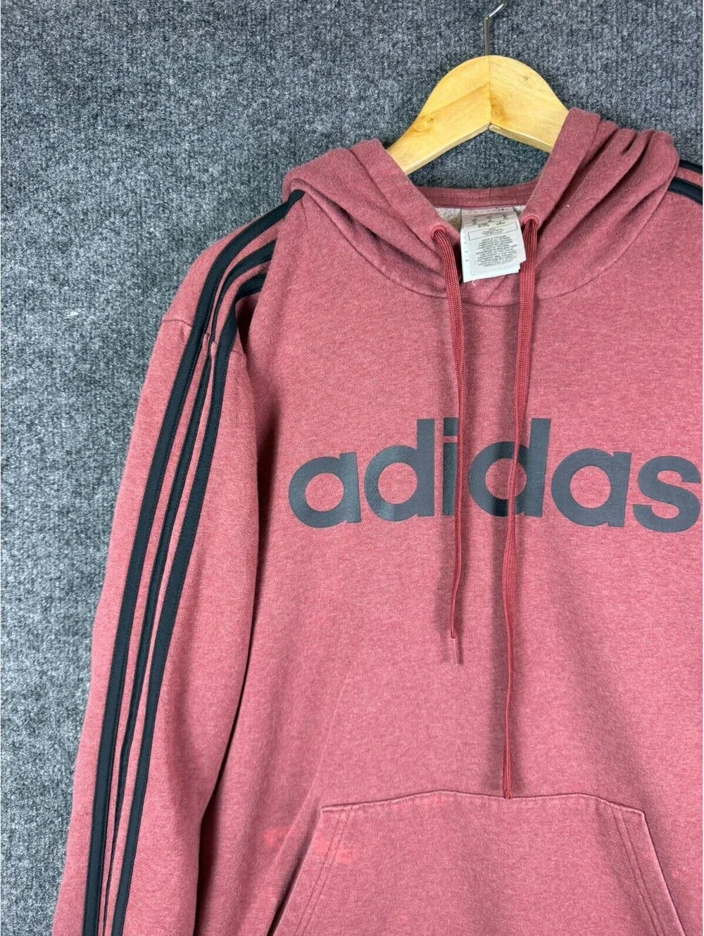 adidas Hoodie Mens XL Heather Red Maroon Black 3 Stripe Spellout Sweatshirt